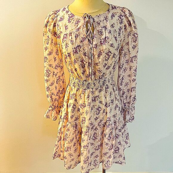 Lucy Paris White & Purple Floral-Print Long Sleeve Dress Size Small - Picture 1 of 6
